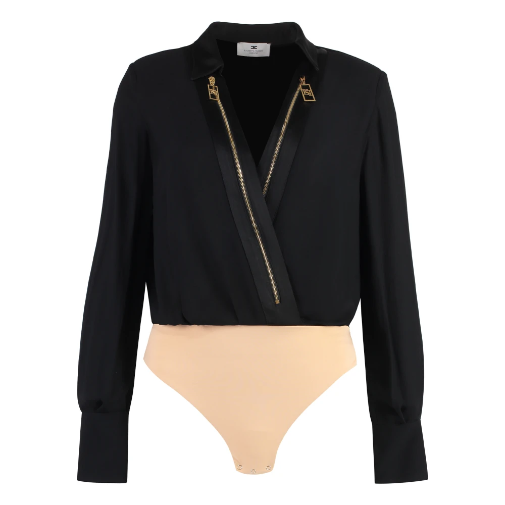 Elisabetta Franchi Georgette Bodysuit Shirt met Rits Voorkant Black Dames