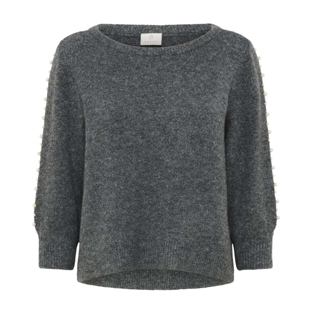 Kaffe Gray Round-Neck Knitwear, Female, 2XL, Grey Melange Pullover With Beaded Sleeves