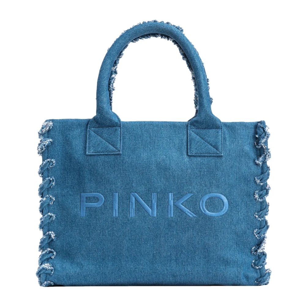 Pinko Monochrome Canvas Strand Shopper met Rafelranden Blue Dames