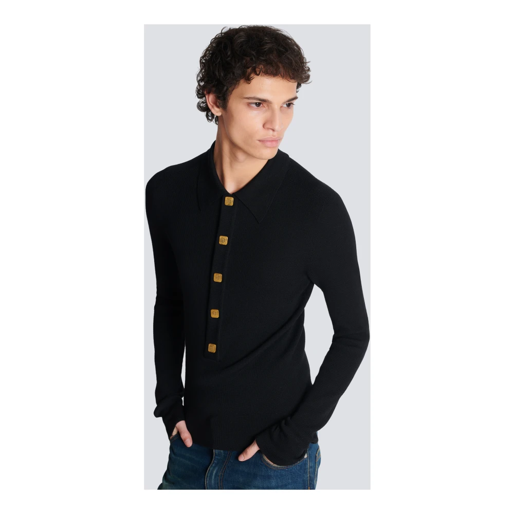 Balmain Wol PB knoopsluiting polo shirt Black Heren