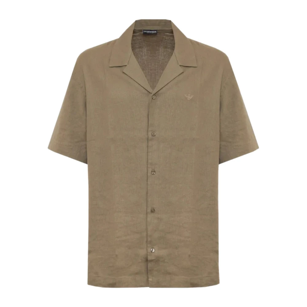 Emporio Armani Homme Beige Chemises, Taille: L Chemise En Lin À Manches Courtes Avec Broderie D'aigle