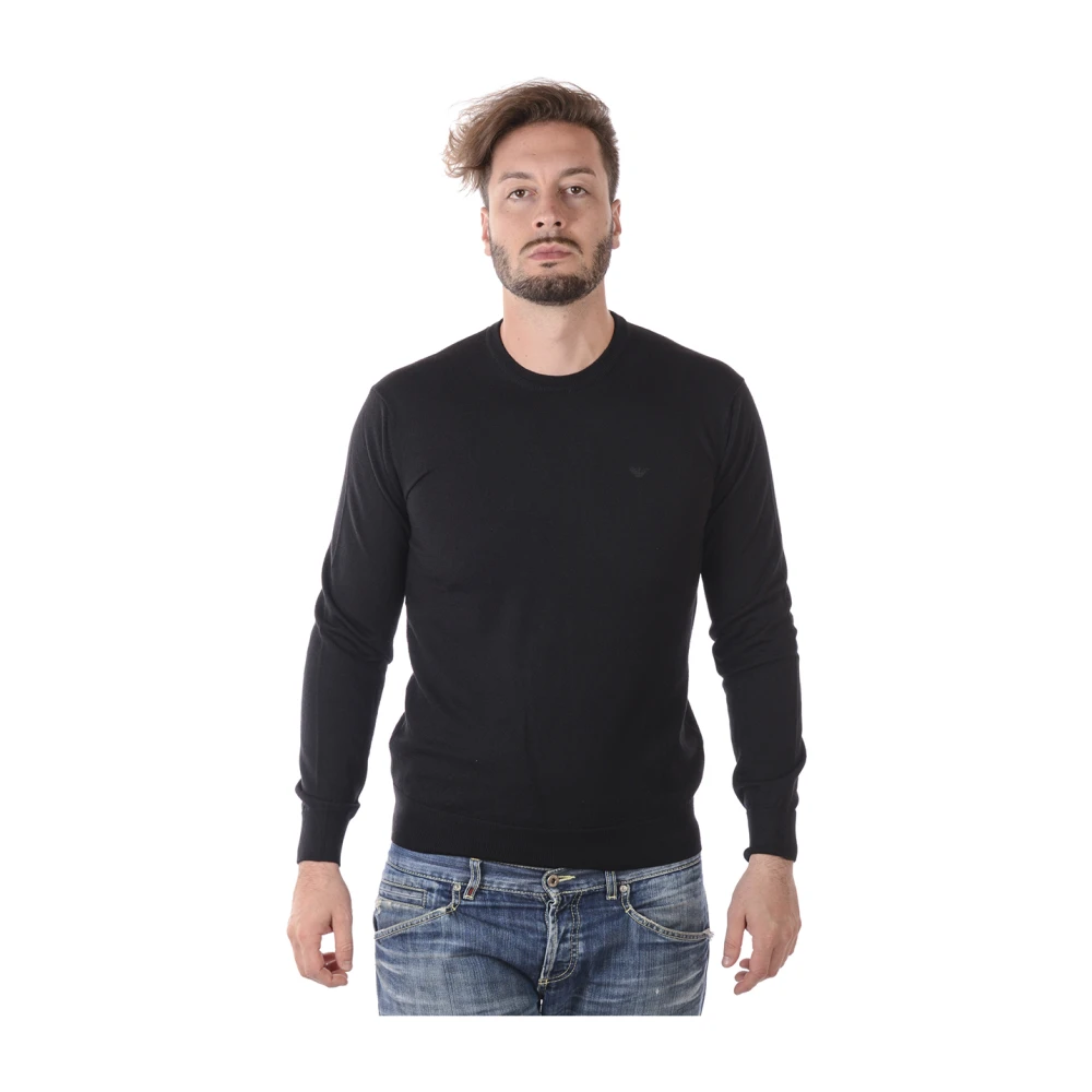 Emporio Armani Men's Black Round-Neck Knitwear, Xl, Crewneck Wool Jumper