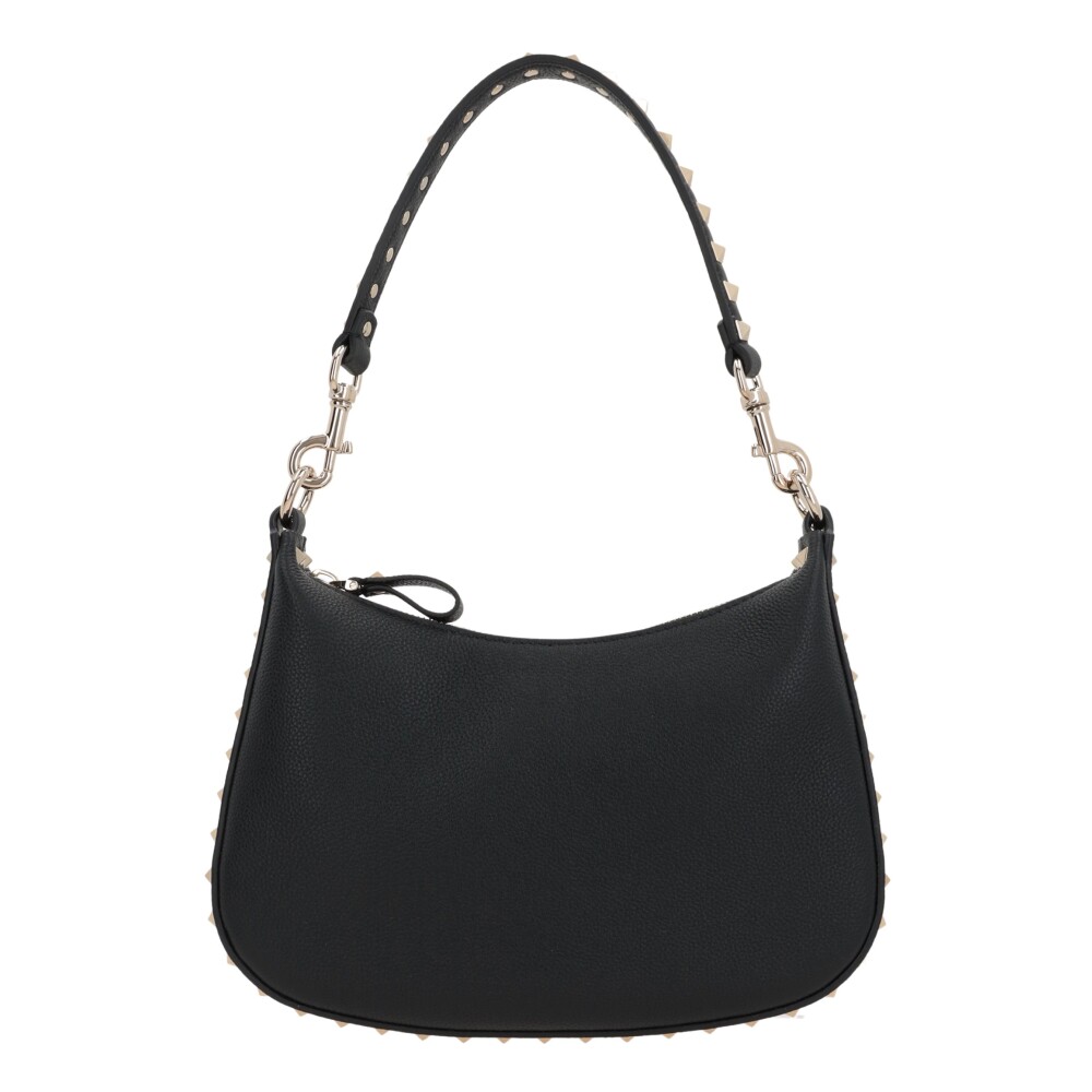 Zwarte Gehamerde Leren Hobo Tas met Platina Studs Valentino