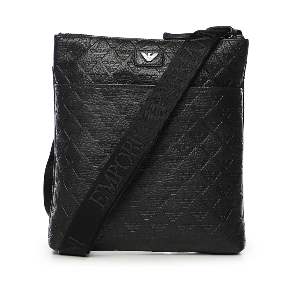 Emporio Armani Mannelijk Zwart Tassen Heren, One Size, Leer, Platte Leren Schoudertas Met Reliëf Adelaar