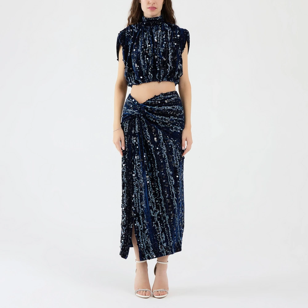 Sabina Musayev Navy Velvet Paillet Top Blue Dames