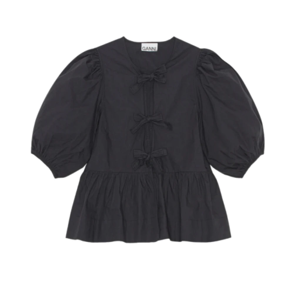 Ganni Women's Black Blouses, Xs, Short-Sleeve V-Neck Blouse