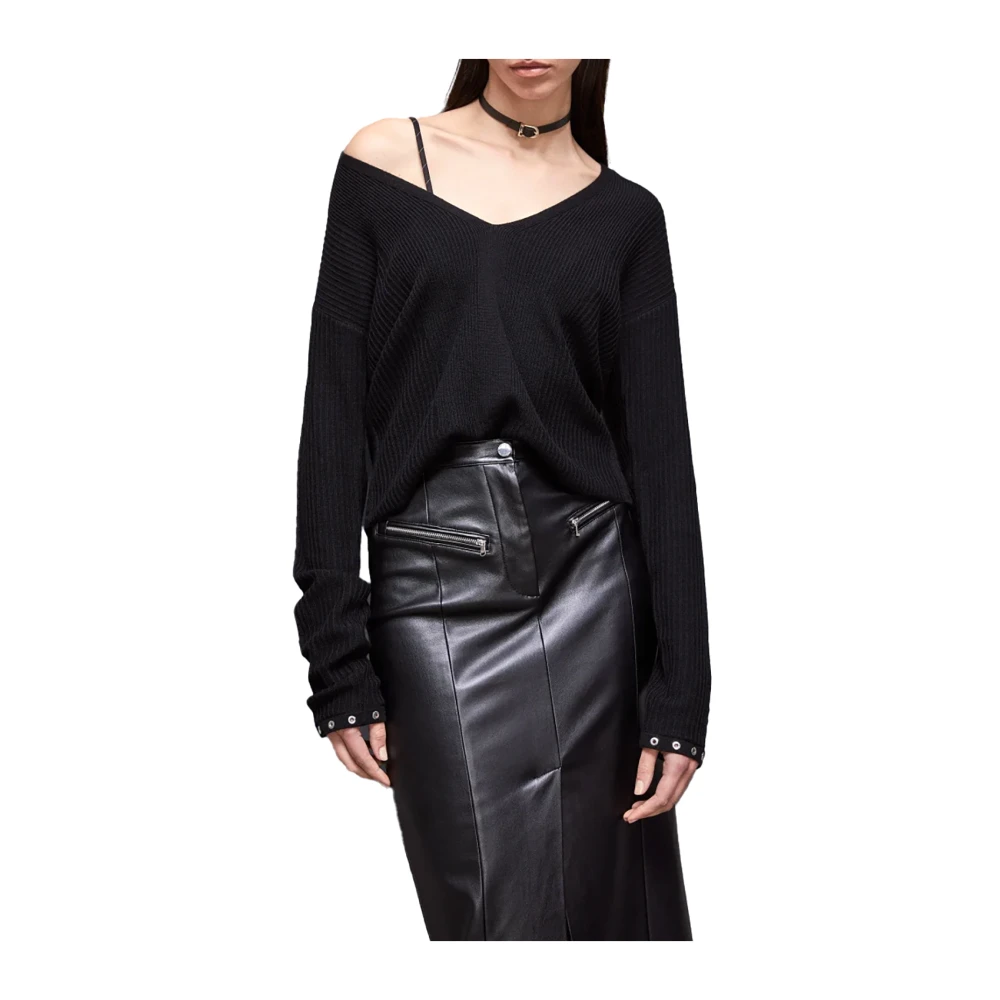 PATRIZIA PEPE Zwarte V-hals trui met metalen zeilboten Black Dames