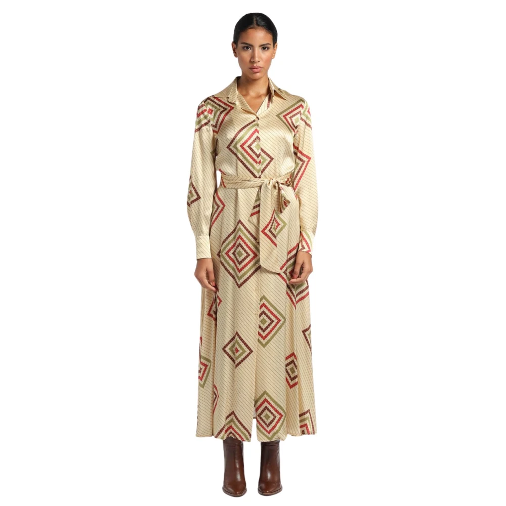 Momoni Women's Beige Shirt Dress With Button And Belt - Shirt Dresses - M - Dresses