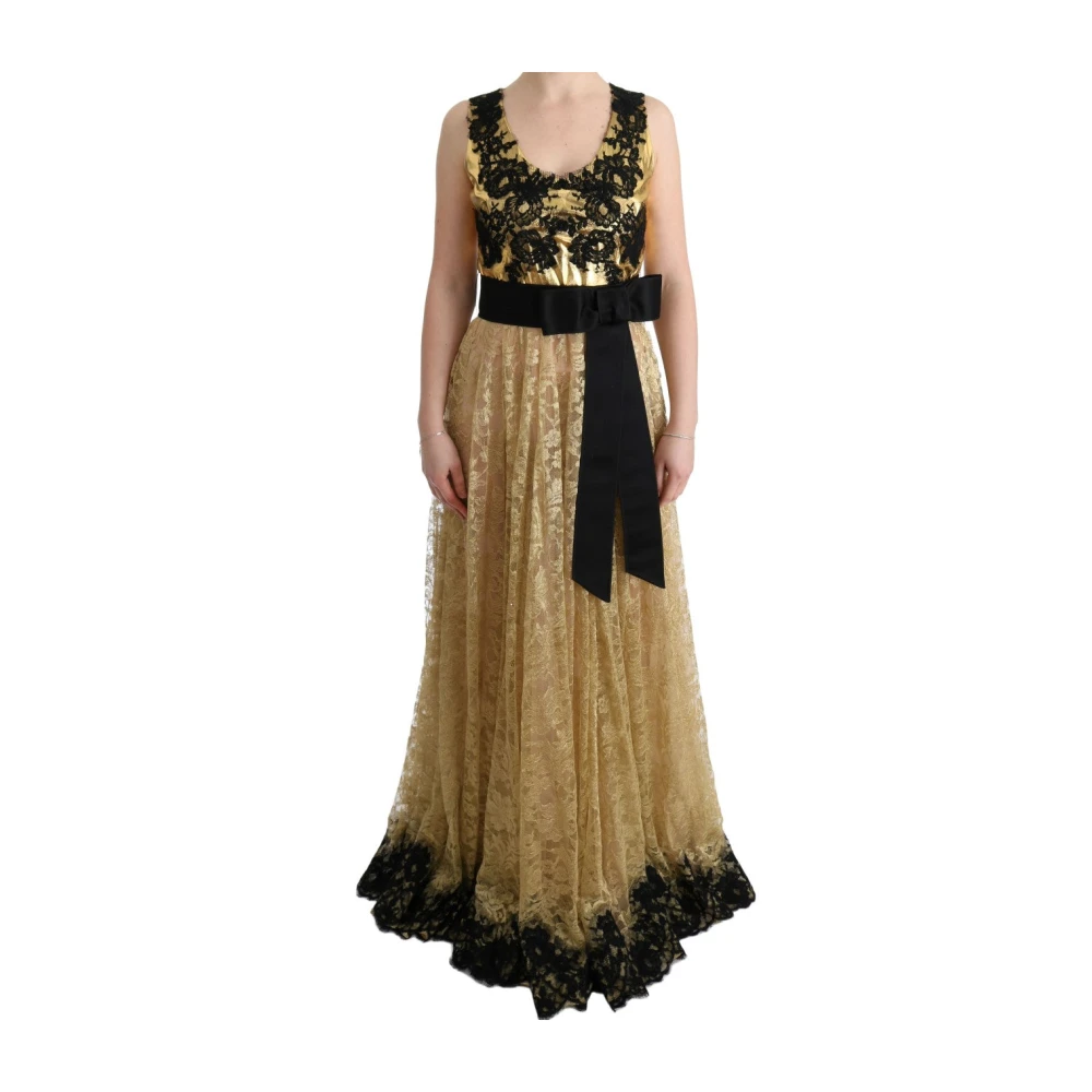 Dolce & Gabbana Women's Yellow Gowns,, Gold Black Floral Lace Sheath Dress Small