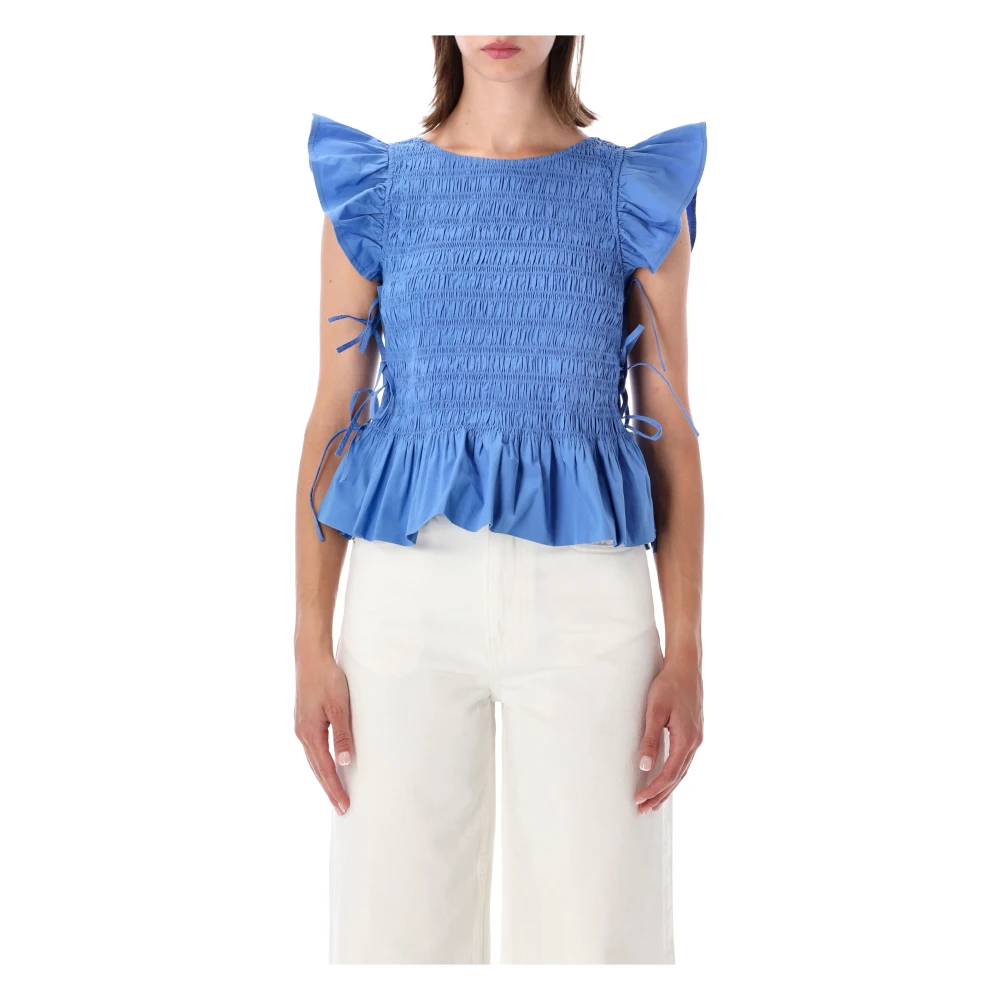 Ganni Smocked Cotton Top Marina - Female - Blouses - Blue - S - Blouses & Shirts