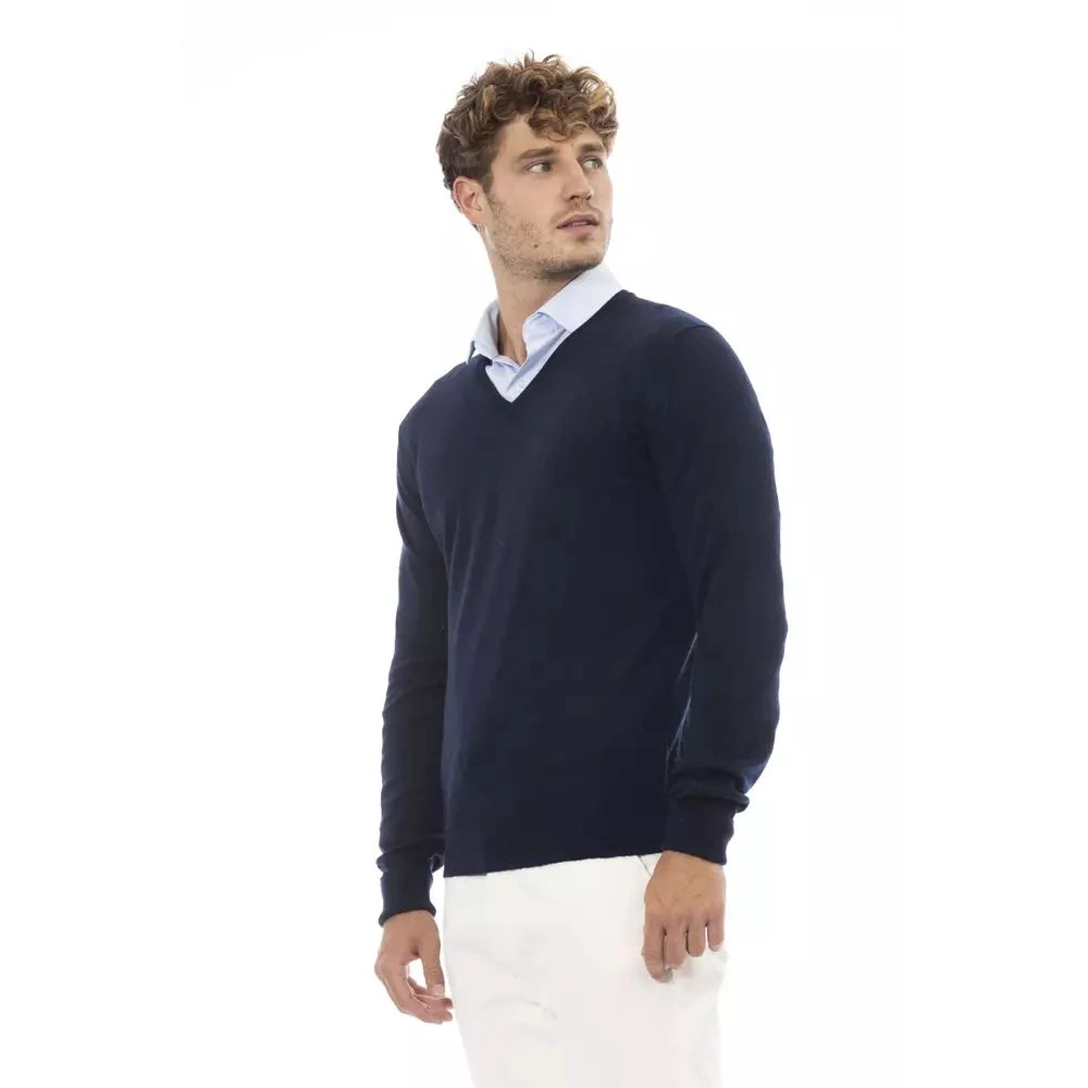 Alpha Studio Blauwe V-Hals Wollen Trui Blue Heren