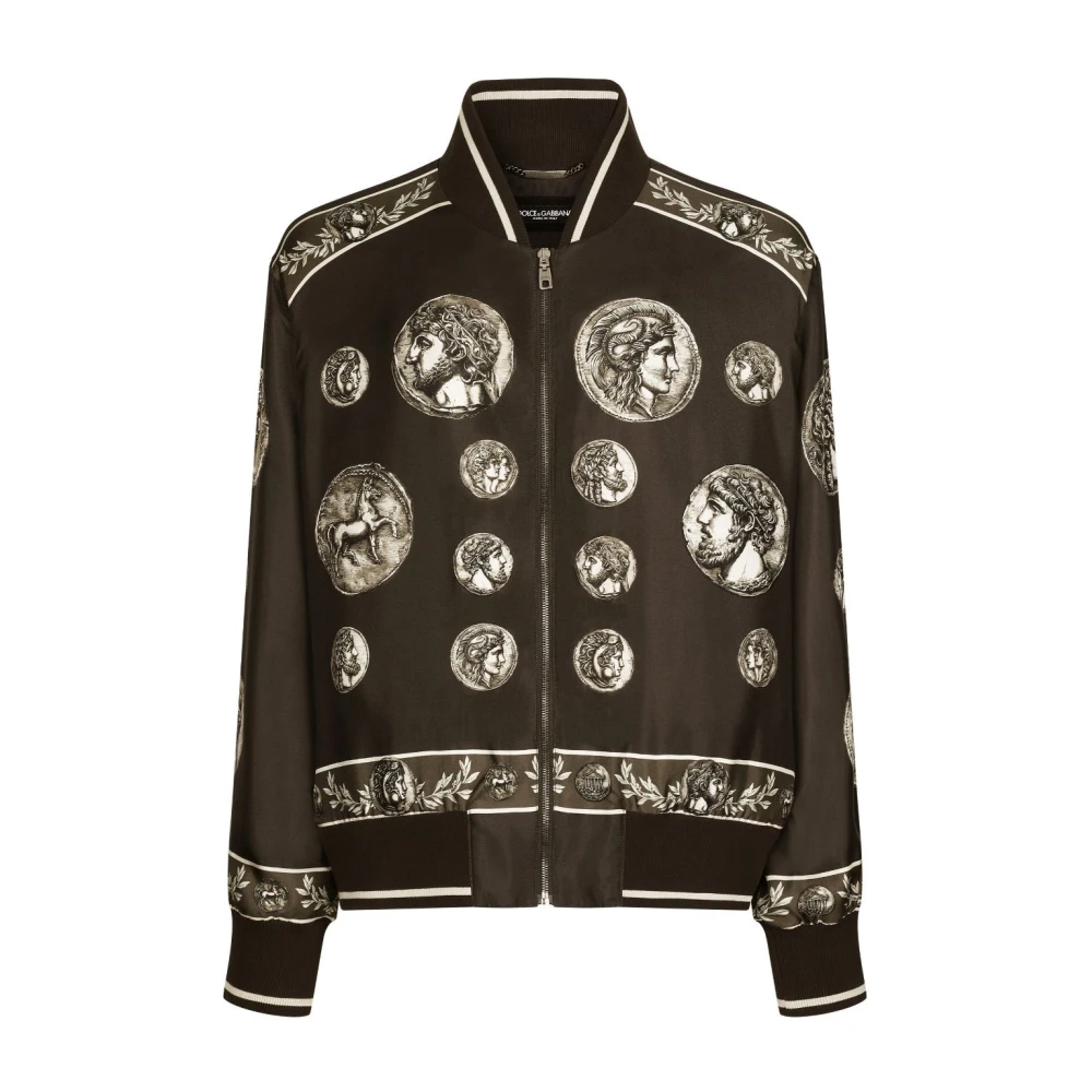 Dolce & Gabbana Men's Black Bomber Jackets, Xs, Silk Graphic Print Long-Sleeved Jacket