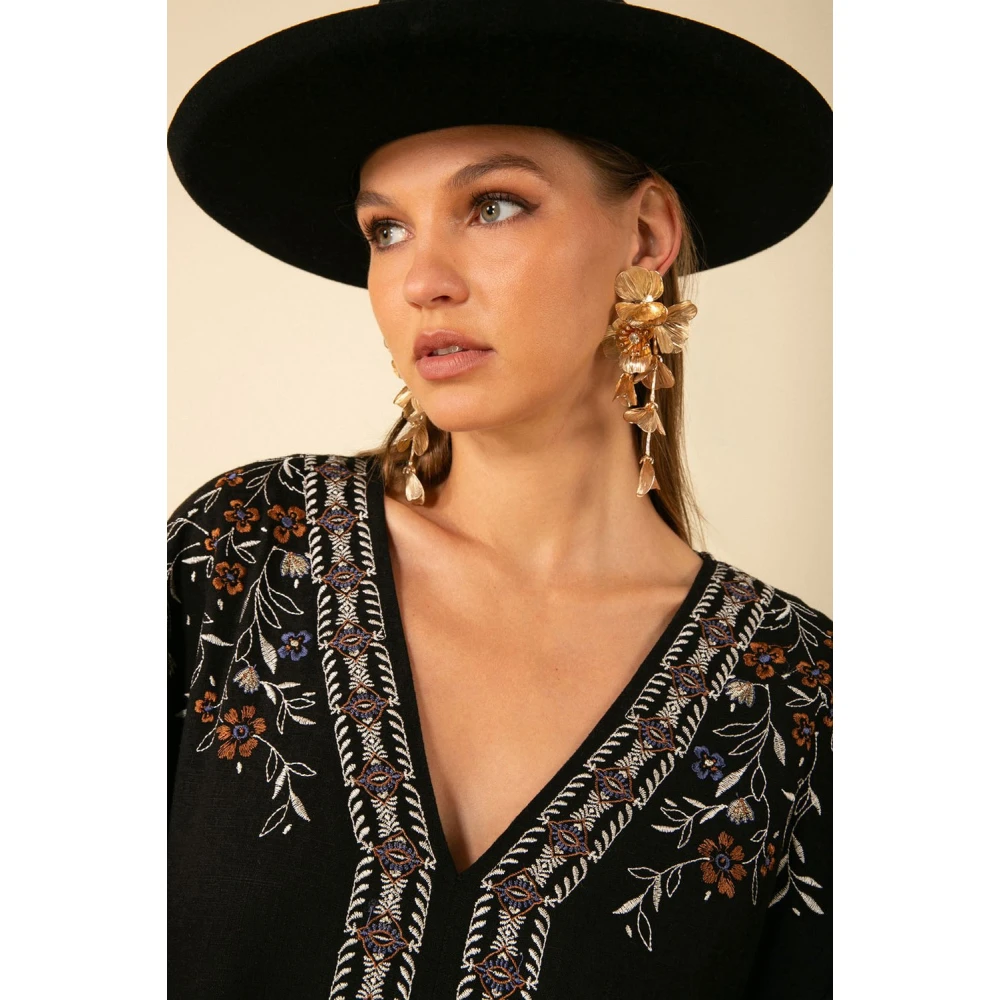Hale Bob Zwarte Geborduurde Slub-Voile Jurk Black Dames