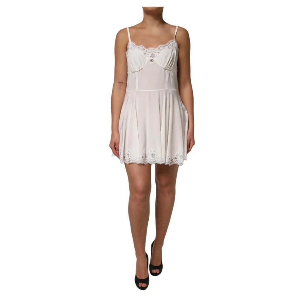 Dolce & Gabbana Women's White Short Dresses, Xl, Silk Slip Dress With Lace Hem