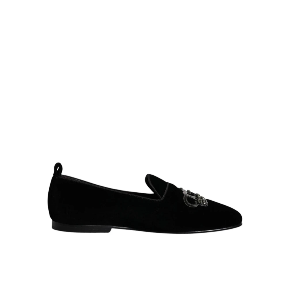Dolce & Gabbana Men's Black Loafers, 7 Uk, Skull Detail Velvet Loafers Crystal Embellishts