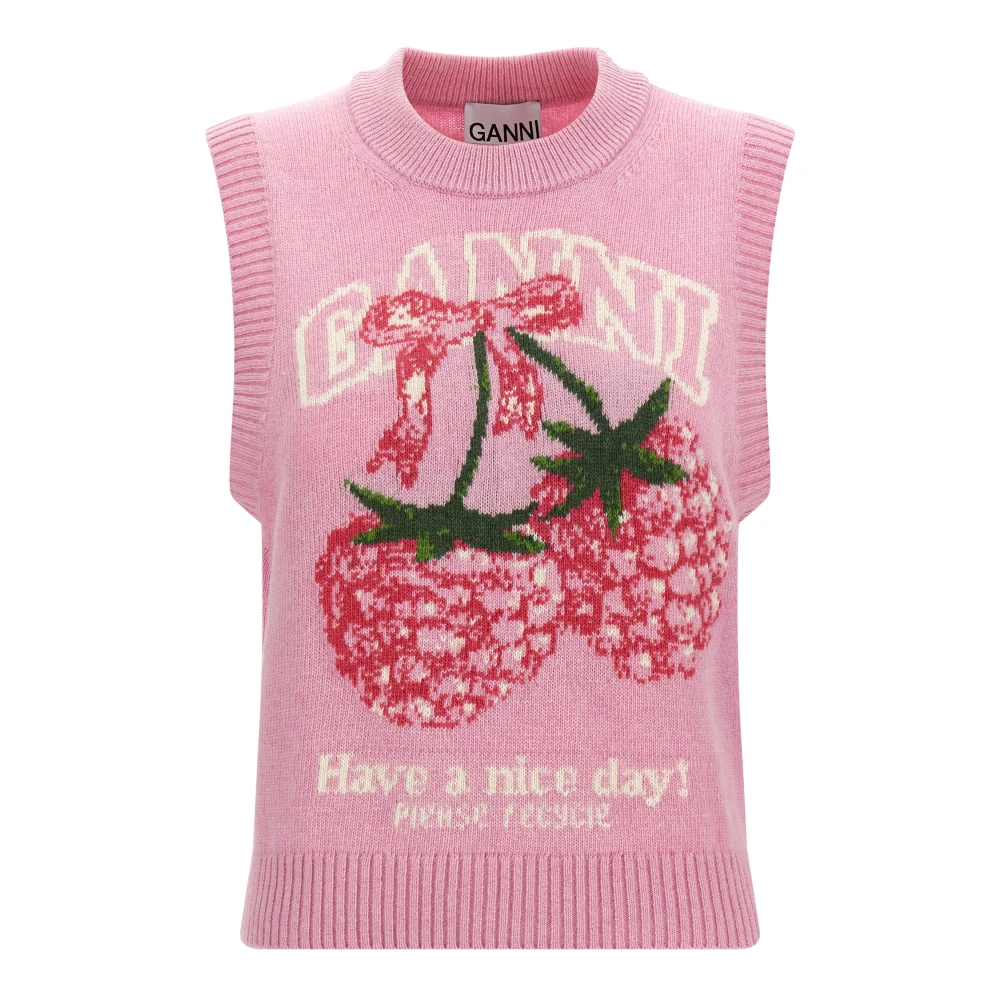 Ganni Women's Pink Graphic Wool Vest - Round-Neck Knitwear - M - Knitwear