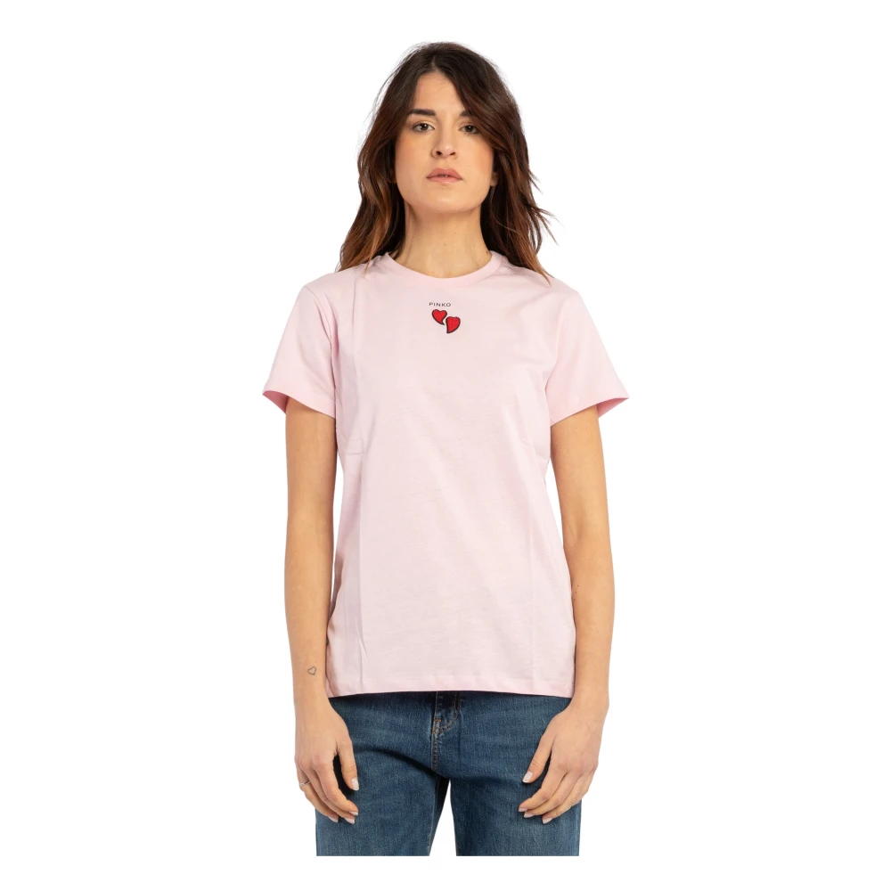 Pinko T-shirt met Geborduurd Hart en Logo Print Pink Dames