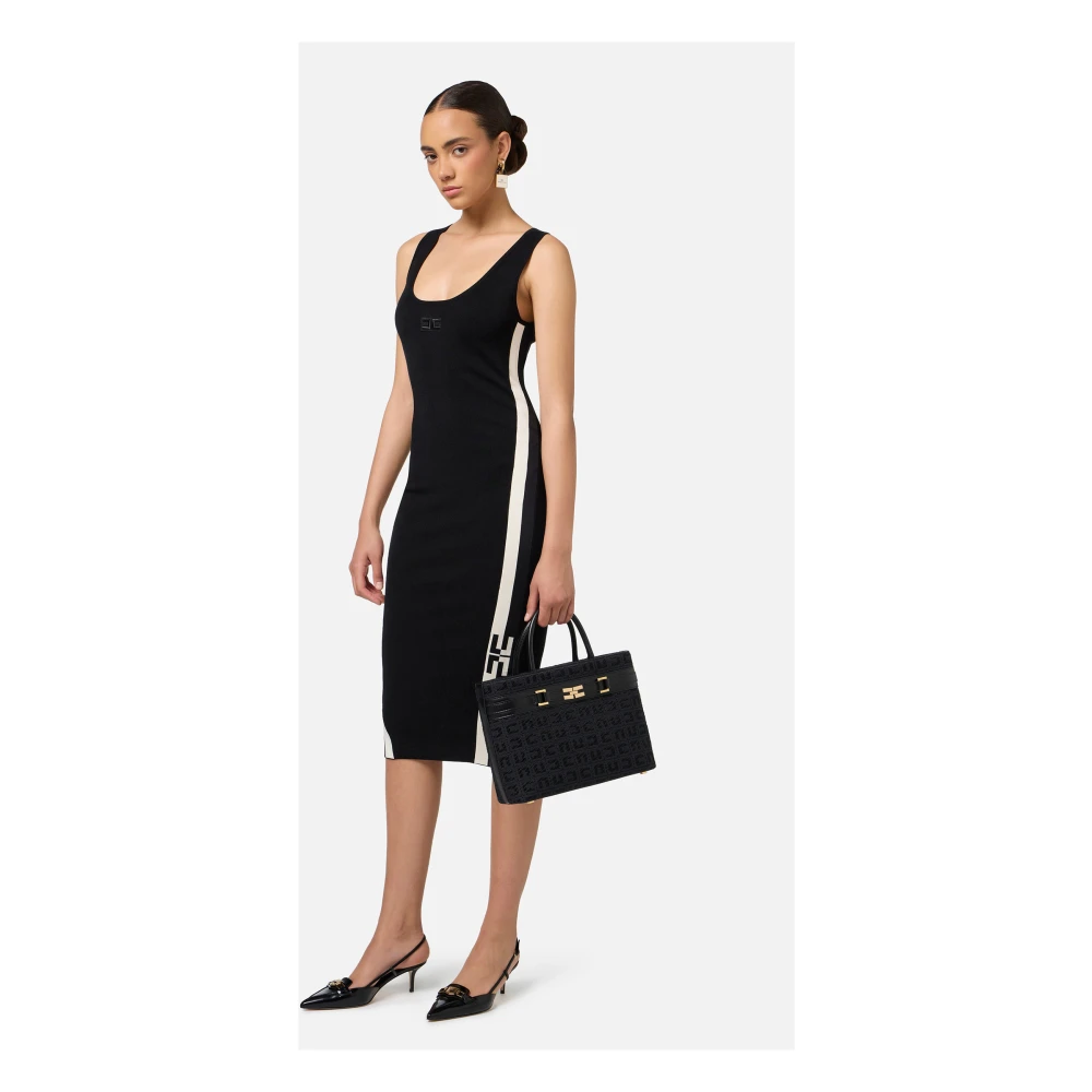 Elisabetta Franchi Zwarte Jacquard Shopper Tas met Gouden Details Black Dames