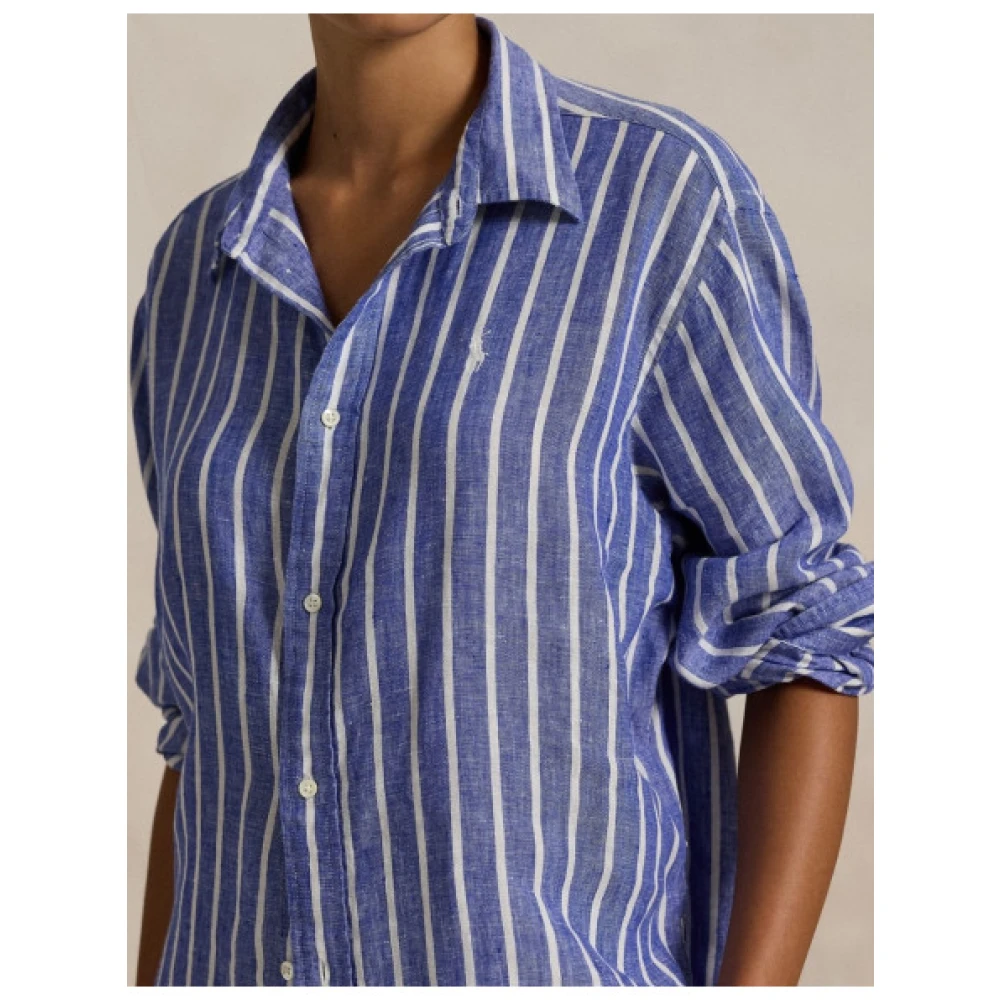 Polo Ralph Lauren Gestreepte Linnen Crop Shirt Blauw Blue Dames