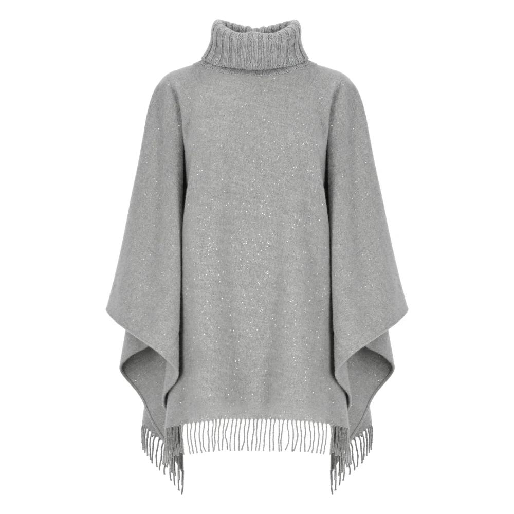 Fabiana Filippi Grijze wollen cape met pailletten en franjes Gray Dames