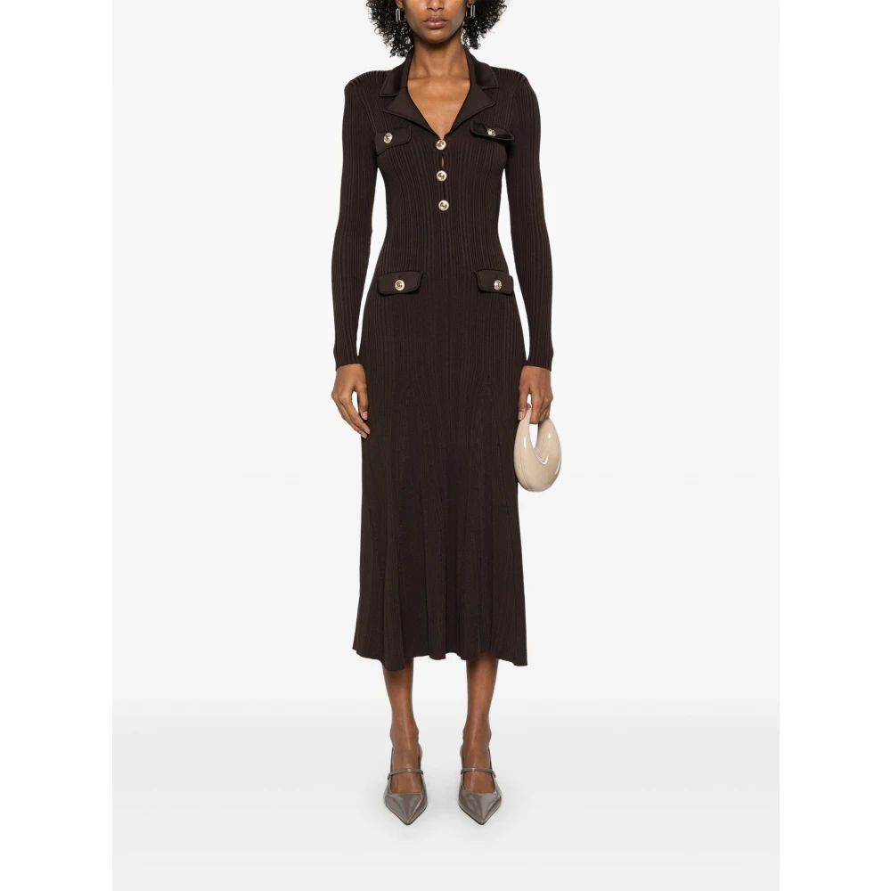 Self Portrait Geribbelde Gebreide Midi Jurk Bruin Brown Dames