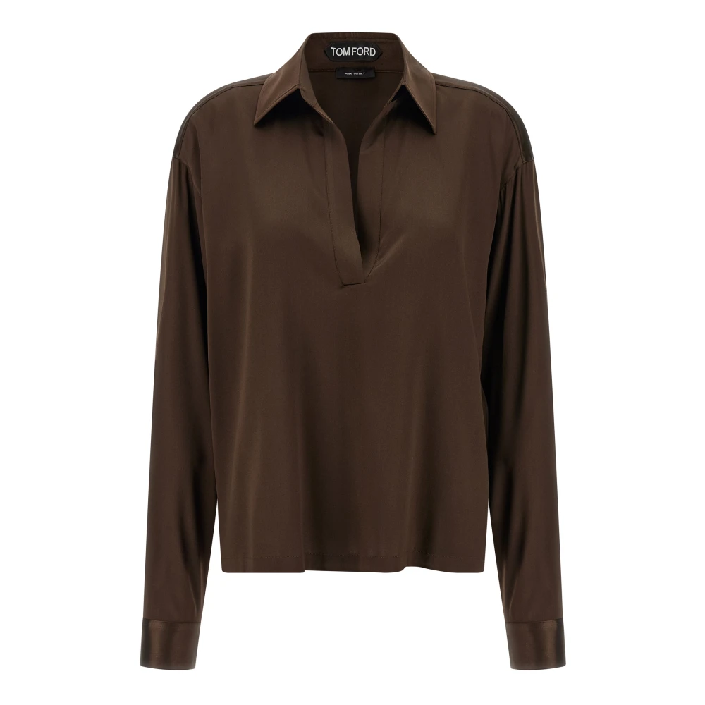 Tom Ford Women's Brown Stretch Silk Satin Polo - Blouses - 2XS - Blouses & Shirts