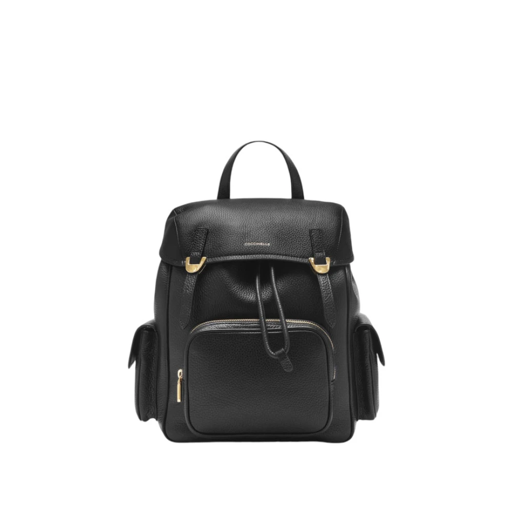 Coccinelle Zwarte Leren Rugzak Gehamerd Patroon Black Dames