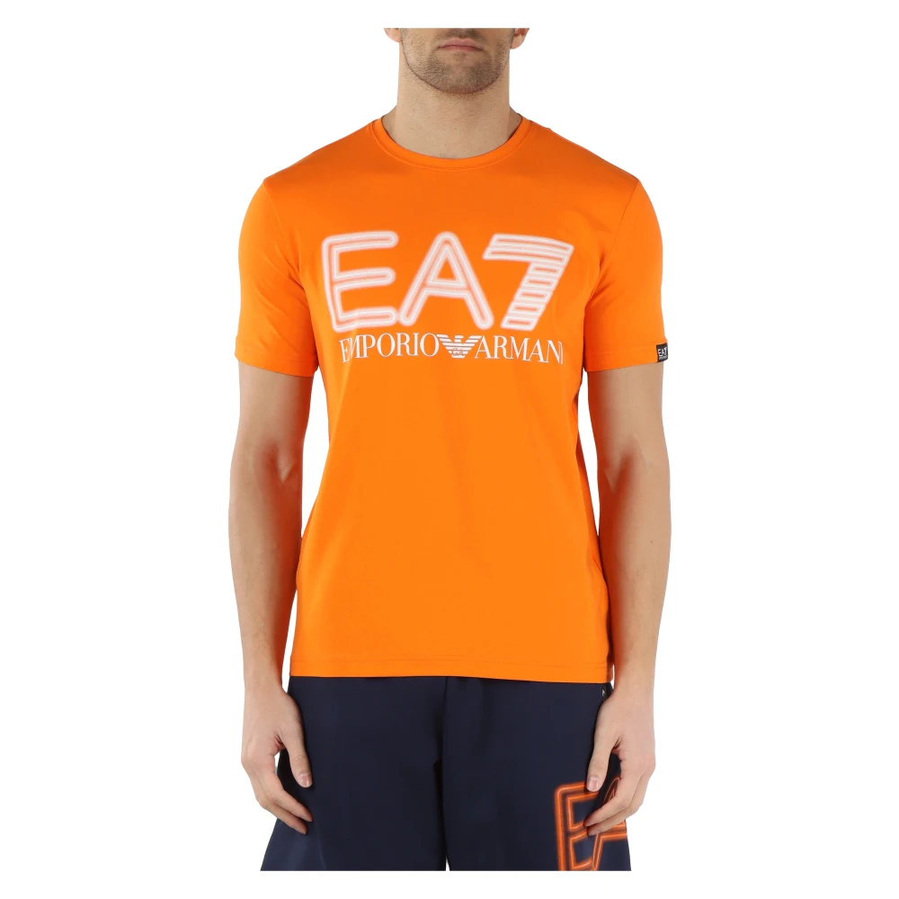 Emporio Armani EA7 Stretch Bomull T-shirt med Präglad Logotyptryck Orange, Herr