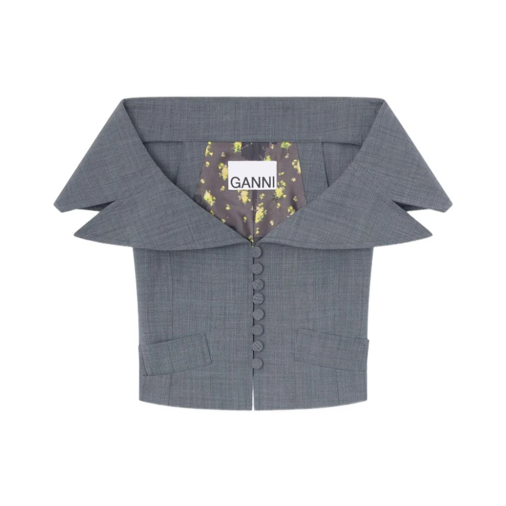 Ganni Women's Gray Sleeveless Tops, Xs, Button-Up Top With Bardot Neckline