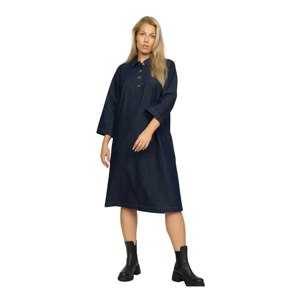2-Biz Denim Jurk met ¾ Mouwen Blue Dames