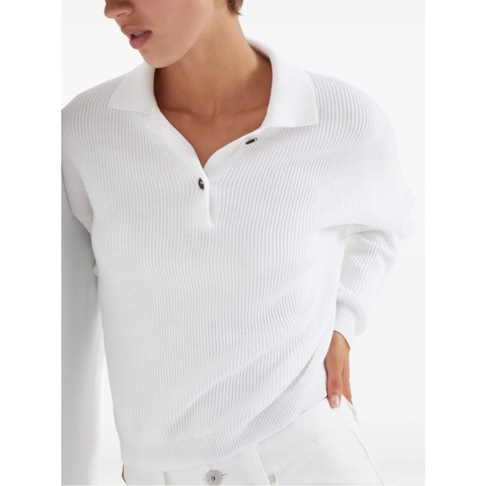 BRUNELLO CUCINELLI Witte Katoenen Geribbelde Gebreide Polo White Dames