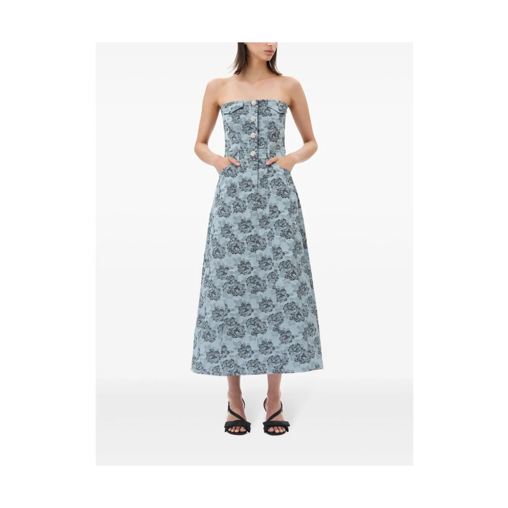Ganni Blauwe Bloemen Jacquard Strapless Jurk Blue Dames