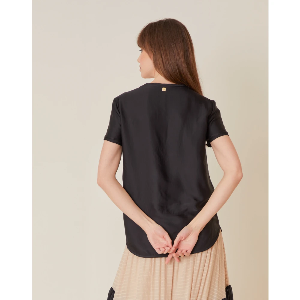 Manila Grace Effengekleurde blouse met korte mouwen Black Dames