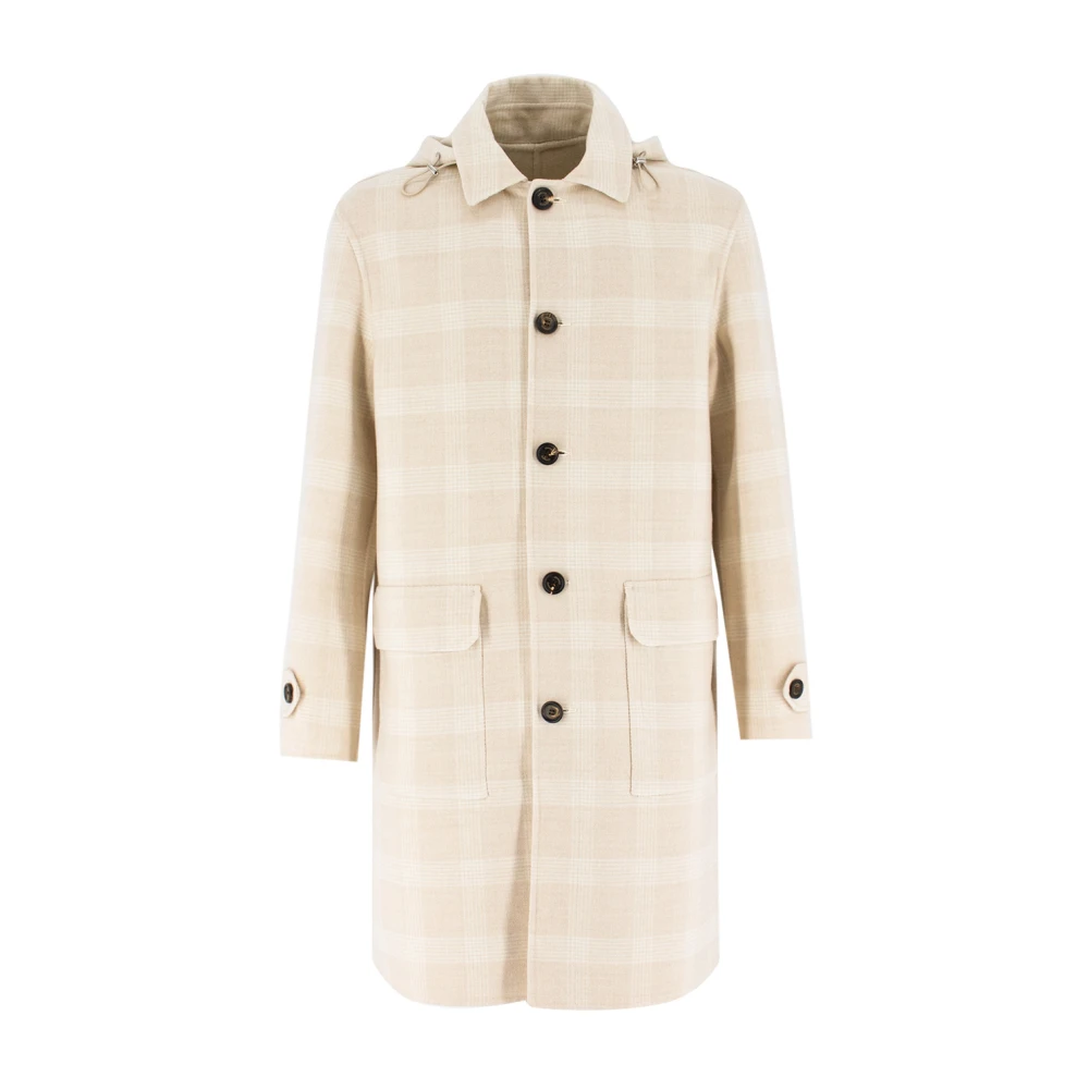 Eleventy Men's Beige Single-Breasted Coats, M, Tartan Pattern Hooded Coat