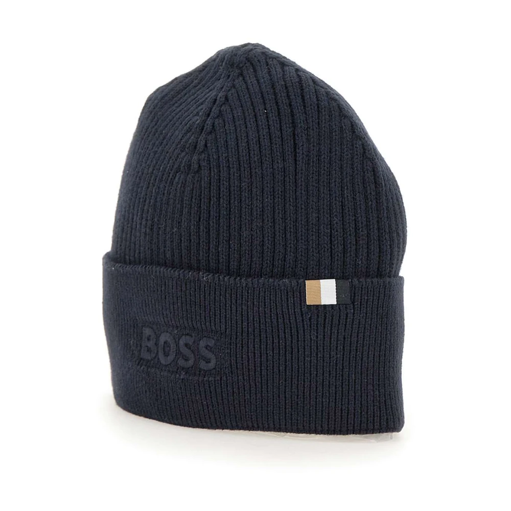 Hugo Boss Navy Blue Geribbelde Wol Katoen Pet Blue Heren