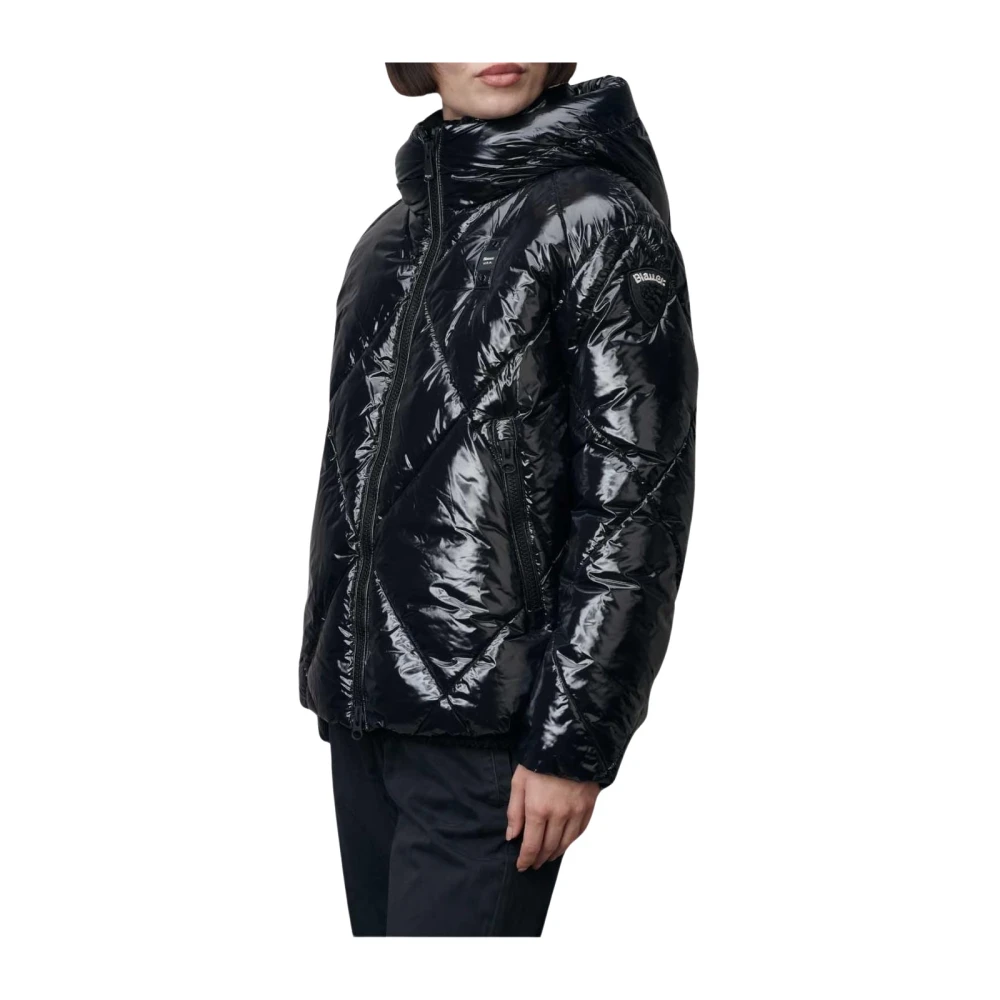 Blauer Glanzende Parka met Hoge Kraag Black Dames