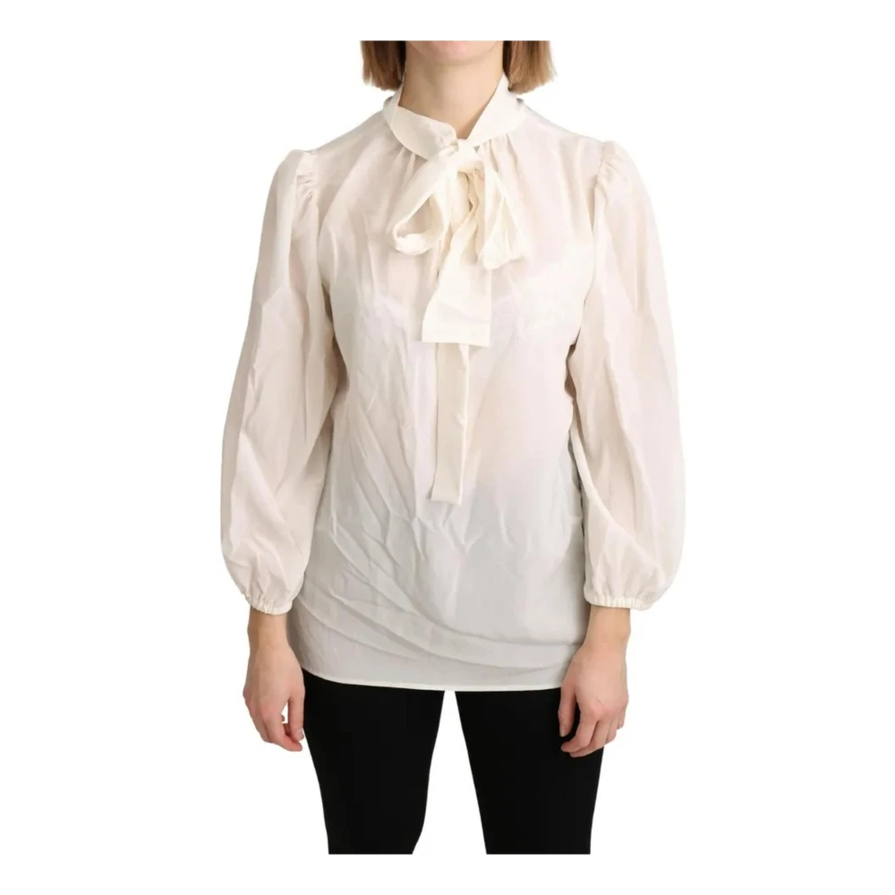 Dolce & Gabbana Zijden Blouse met Sjaalkraag Lange Mouwen Beige Dames