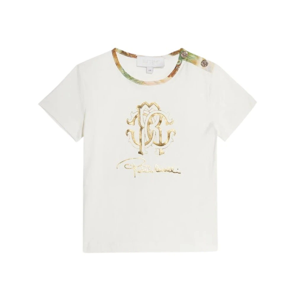 Roberto Cavalli White Kids Short Sleeve T-Shirts, Female, 10 Y, Golden Monogram Safari Print T-Shirt