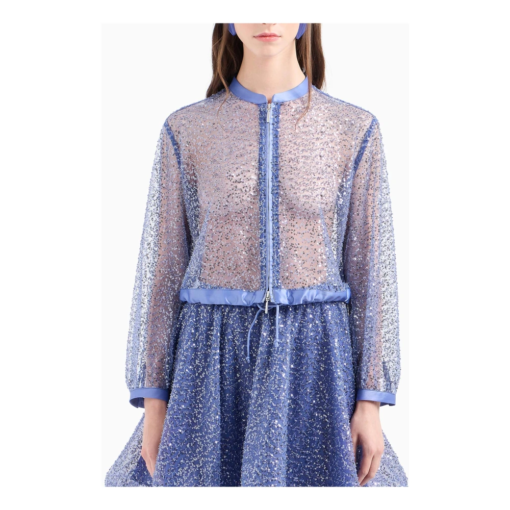 Emporio Armani Pailletten Geborduurd Tule Shirt Blue Dames