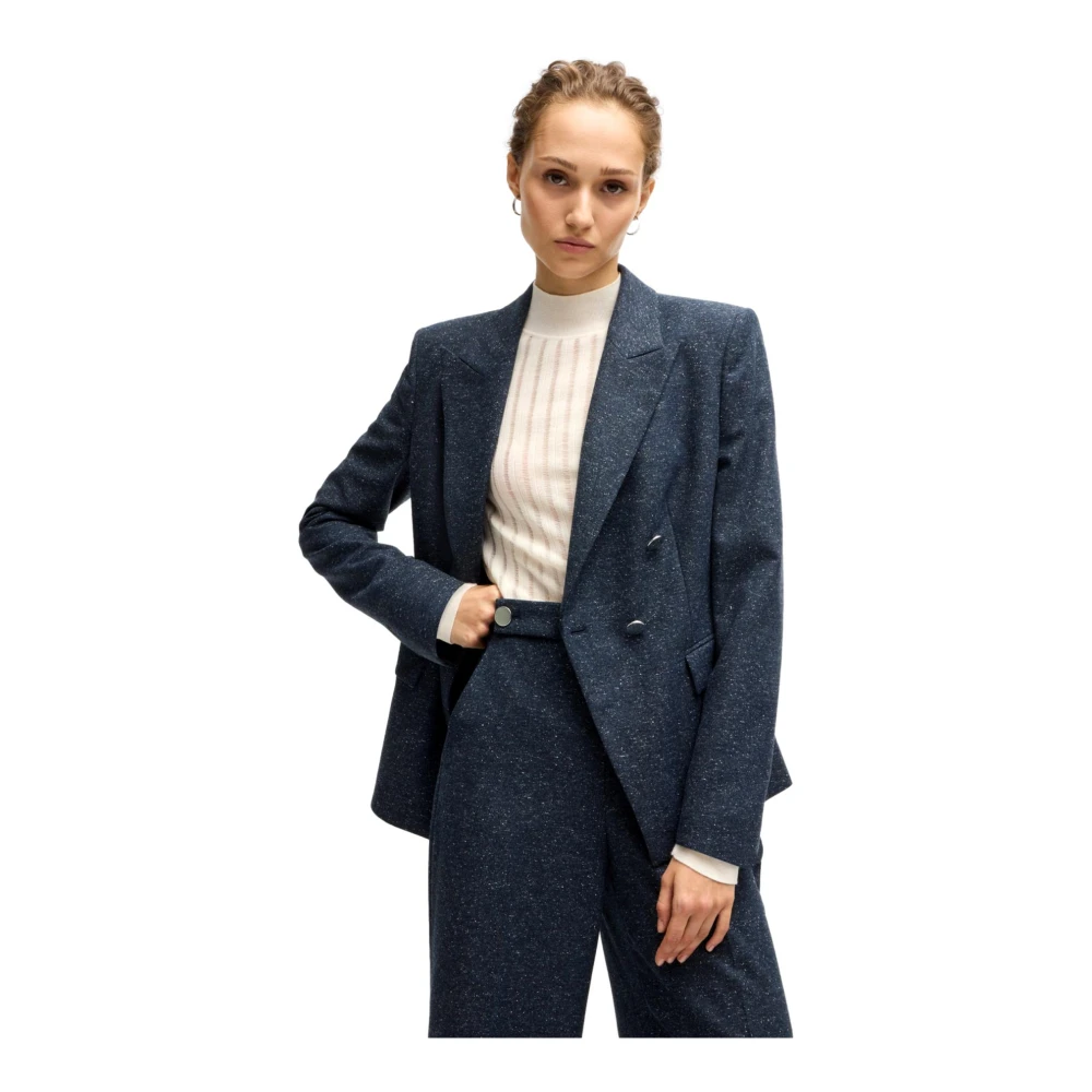 Hugo Boss Slim Fit Wollen Blend Double-Breasted Jas Blauw Blue Dames