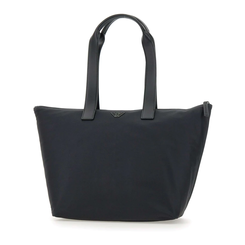 Emporio Armani Svart Nylon Shopper Handväska med Läderinsatser Black, Herr