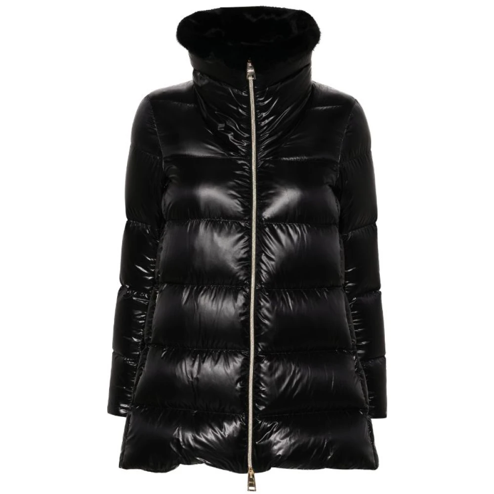 Herno Zwarte Veren Bontkraag Jas Black Dames