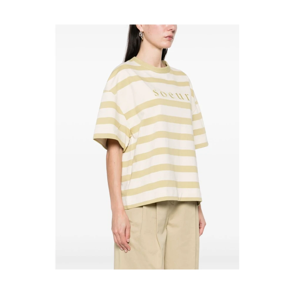 Soeur Gestreept Crew Neck Geborduurd T-shirt Beige Dames