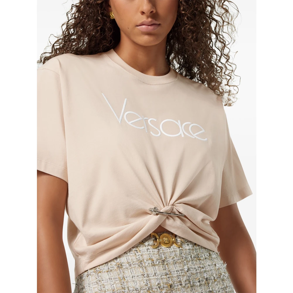 Versace Roze Cropped T-shirt met Logo Print Pink Dames