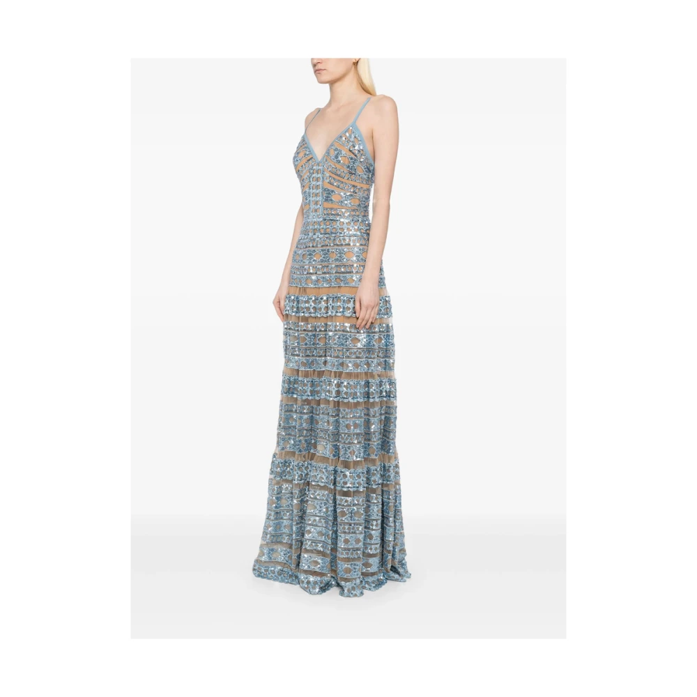 Elie Saab Blauwe Kralen V-Hals Jurk Blue Dames