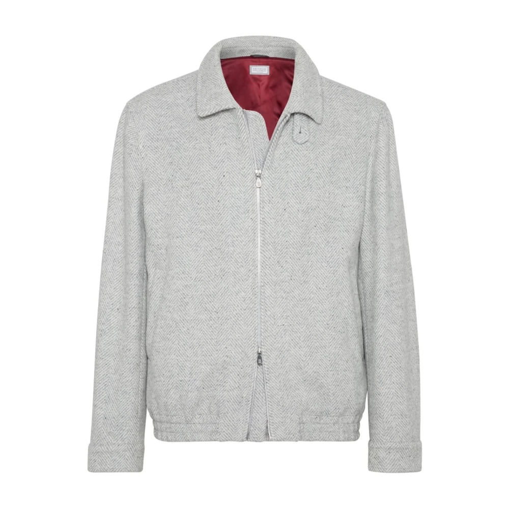 BRUNELLO CUCINELLI Herringbone Wol-Zijde Jas Gray Heren