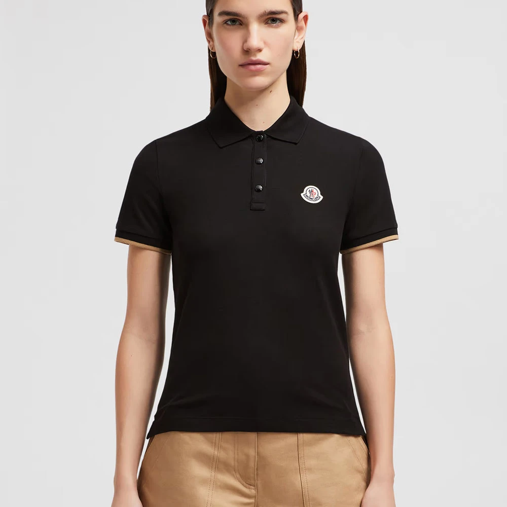 Moncler Logo Patch Piquet Polo Zwart Black Dames