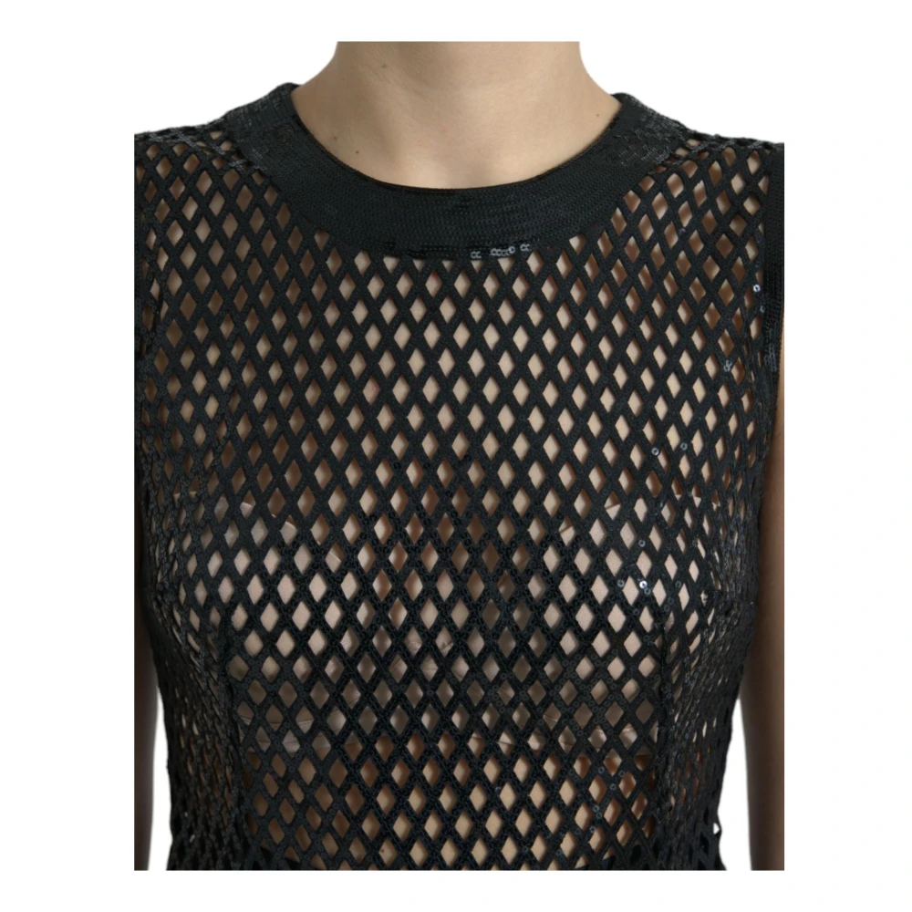 Dolce & Gabbana Elegant Zwart Paillet Mesh Gown Jurk Black Dames