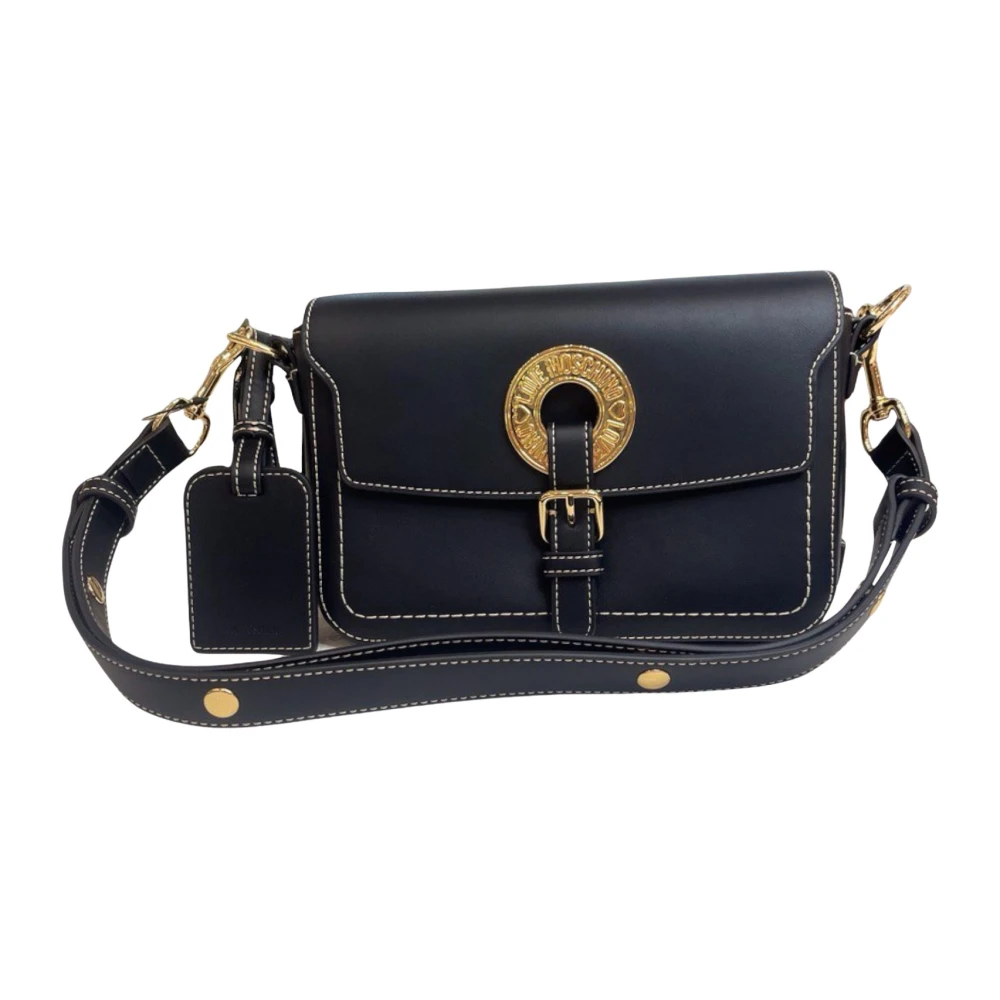 Love Moschino Zwarte schoudertas met gouden logoplaat Black Dames