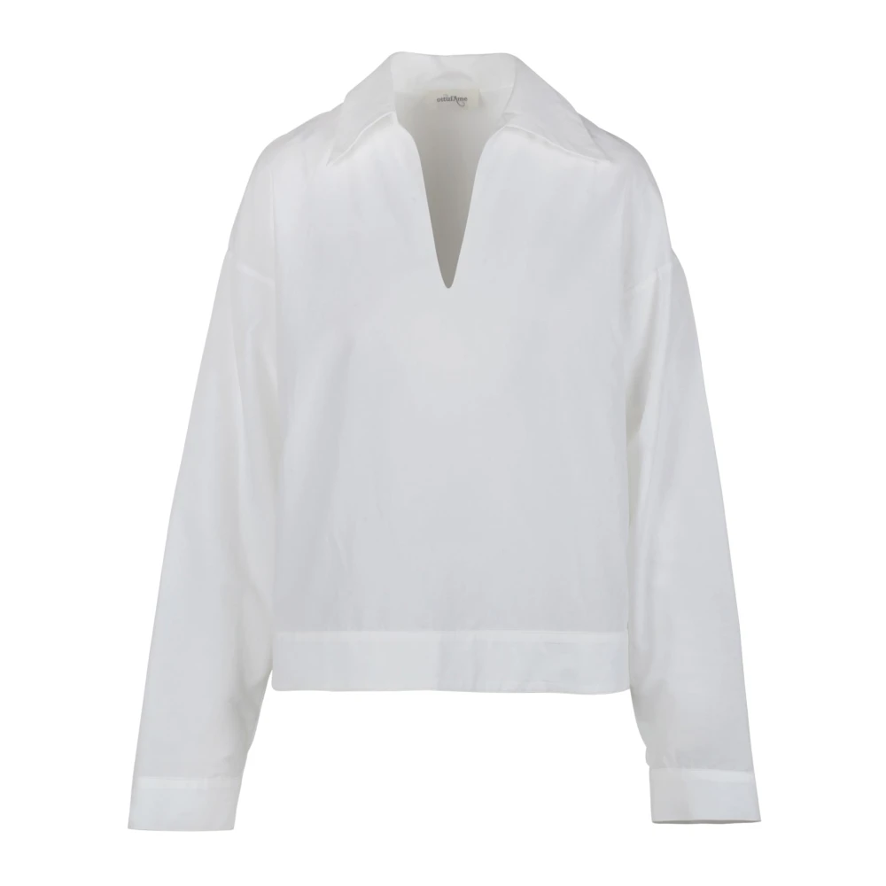Hvit Poplin Skjorte med Spiss Krage og V-Hals